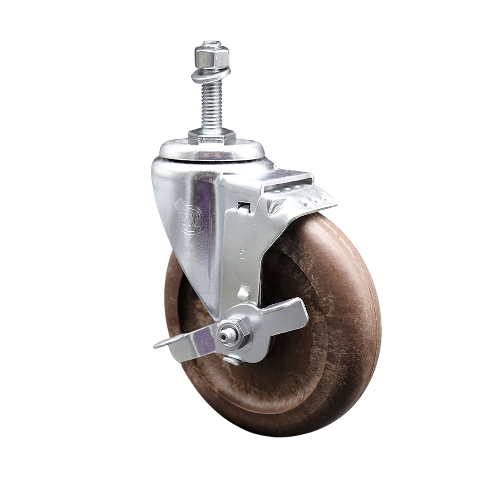 High Temp Glass Filled Nylon Swivel Threaded Stem Caster w/5" x 1.25" Brown Wheel and 3/8" Stem & Top Locking Brake - 350 lbs Capacity/Caster - Service Caster Brand — photo 1