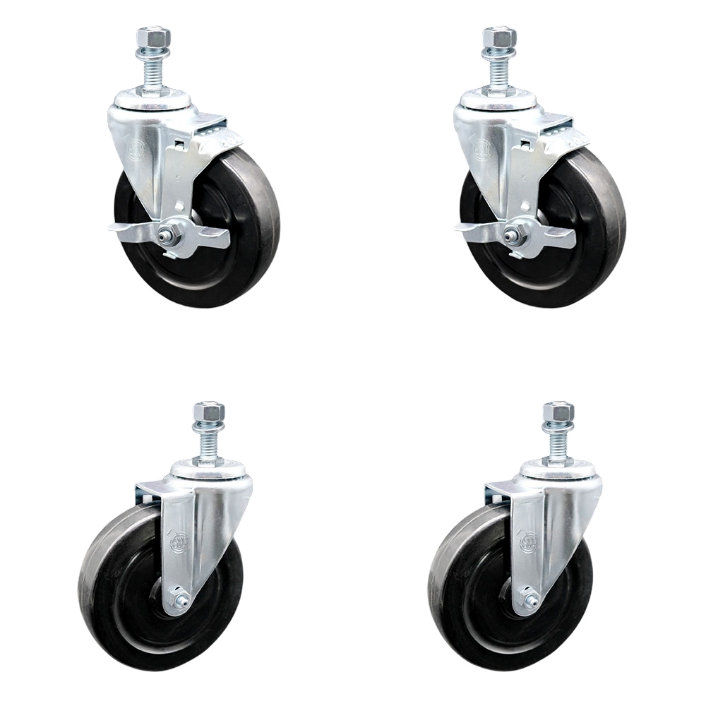 Hard Rubber Swivel Threaded Stem Caster Set of 4 w/5" x 1.25" Black Wheels and 1/2" Stems - Includes 2 with Top Locking Brake - 1100 lbs Total Capacity - Service Caster Brand — photo 1