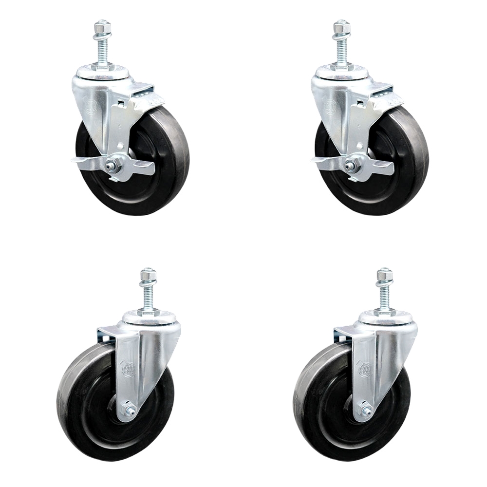 Hard Rubber Swivel Threaded Stem Caster Set of 4 w/5" x 1.25" Black Wheels and 3/8" Stems - Includes 2 with Top Locking Brake - 1100 lbs Total Capacity - Service Caster Brand — photo 1