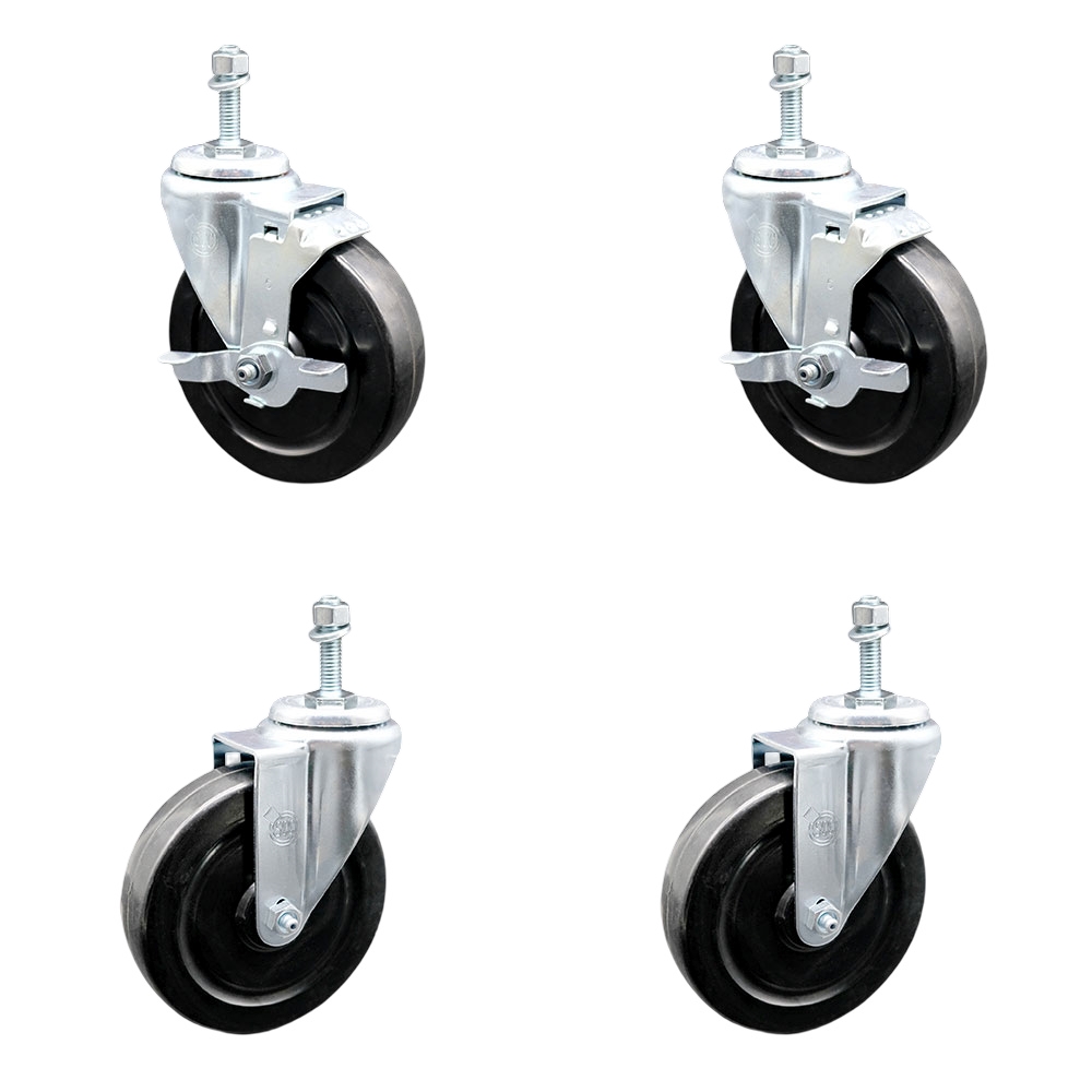 Hard Rubber Swivel Threaded Stem Caster Set of 4 w/5" x 1.25" Black Wheels and 10MM Metric Stems - Includes 2 with Top Locking Brake - 1100 lbs Total Capacity - Service Caster Brand — photo 1