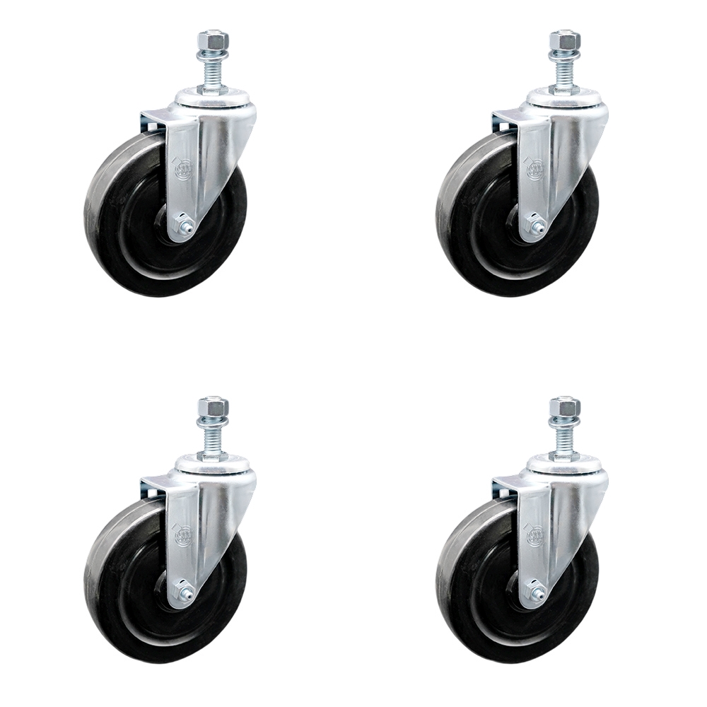 Hard Rubber Swivel Threaded Stem Caster Set of 4 w/5" x 1.25" Black Wheels and 10mm Stems - Includes 4 Swivel - 1200 lbs Total Capacity - Service Caster Brand — photo 1