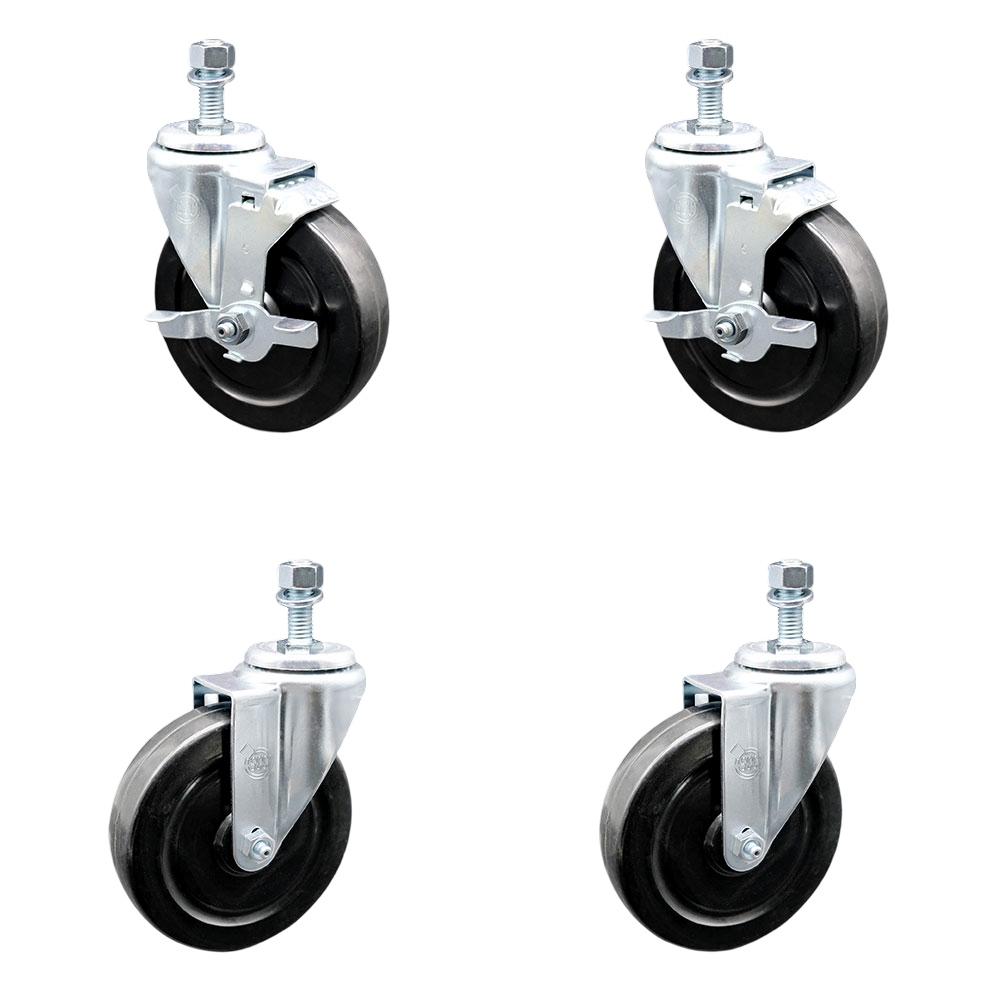 Hard Rubber Swivel Threaded Stem Caster Set of 4 w/5" x 1.25" Black Wheels and 12MM Metric Stems - Includes 2 with Top Locking Brake - 1100 lbs Total Capacity - Service Caster Brand — photo 1