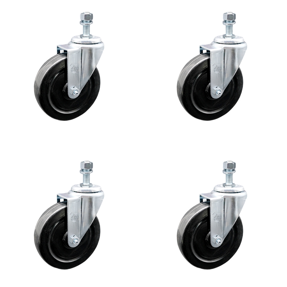 Hard Rubber Swivel Threaded Stem Caster Set of 4 w/5" x 1.25" Black Wheels and 12mm Stems - Includes 4 Swivel - 1200 lbs Total Capacity - Service Caster Brand — photo 1