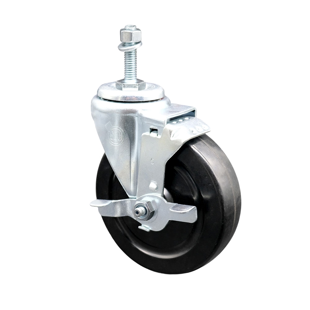 5" Swivel Caster with 3/8" Threaded Stem, Hard Rubber Wheel and Brake - 300 lbs. Capacity - Service Caster Brand — photo 1