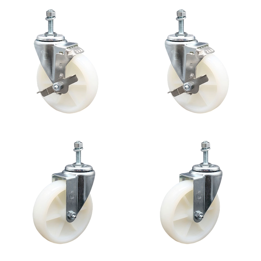 Nylon Swivel Threaded Stem Caster Set of 4 w/5" x 1.25" White Wheels and 3/8" Stems - Includes 2 with Top Locking Brake - 1200 lbs Total Capacity - Service Caster Brand — photo 1