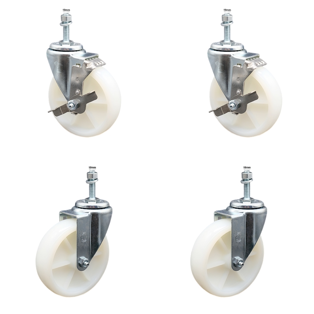 Nylon Swivel Threaded Stem Caster Set of 4 w/5" x 1.25" White Wheels and 10MM Metric Stems - Includes 2 with Top Locking Brake - 1200 lbs Total Capacity - Service Caster Brand — photo 1