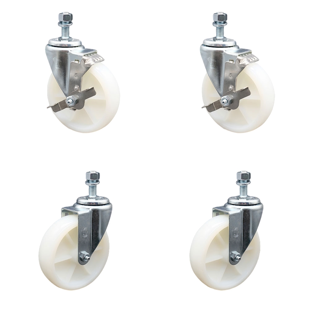 Nylon Swivel Threaded Stem Caster Set of 4 w/5" x 1.25" White Wheels and 12MM Metric Stems - Includes 2 with Top Locking Brake - 1200 lbs Total Capacity - Service Caster Brand — photo 1