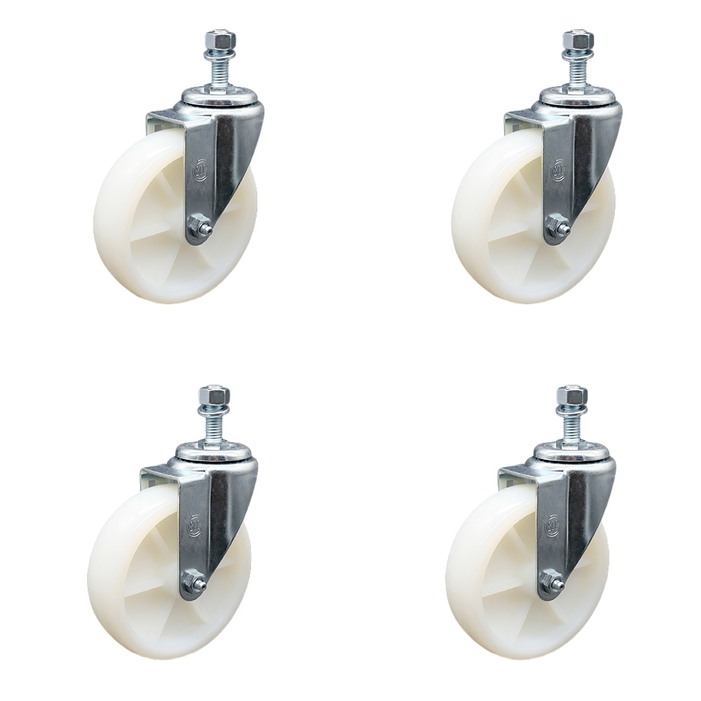 Nylon Swivel Threaded Stem Caster Set of 4 w/5" x 1.25" White Wheels and 12mm Stems - Includes 4 Swivel - 1200 lbs Total Capacity - Service Caster Brand — photo 1