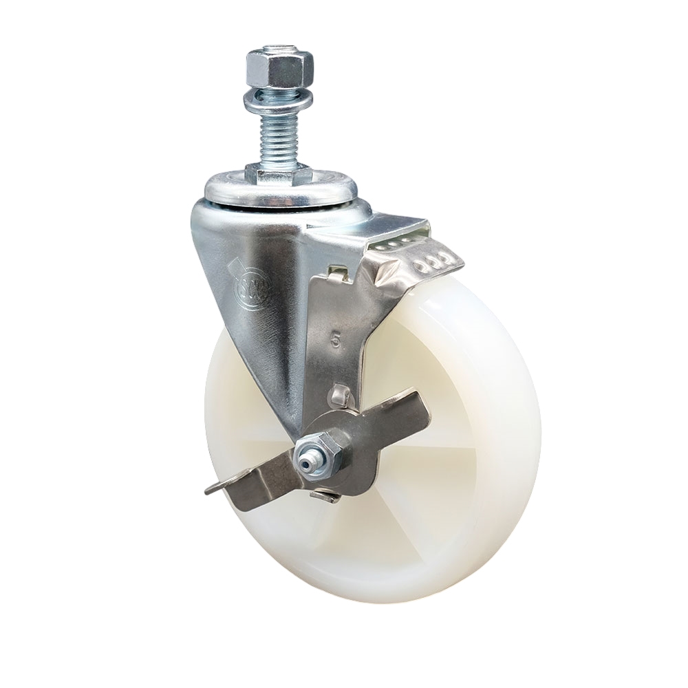 5" Swivel Caster with 1/2" Threaded Stem, White Nylon Wheel and Brake - 300 lbs. Capacity - Service Caster Brand — photo 1