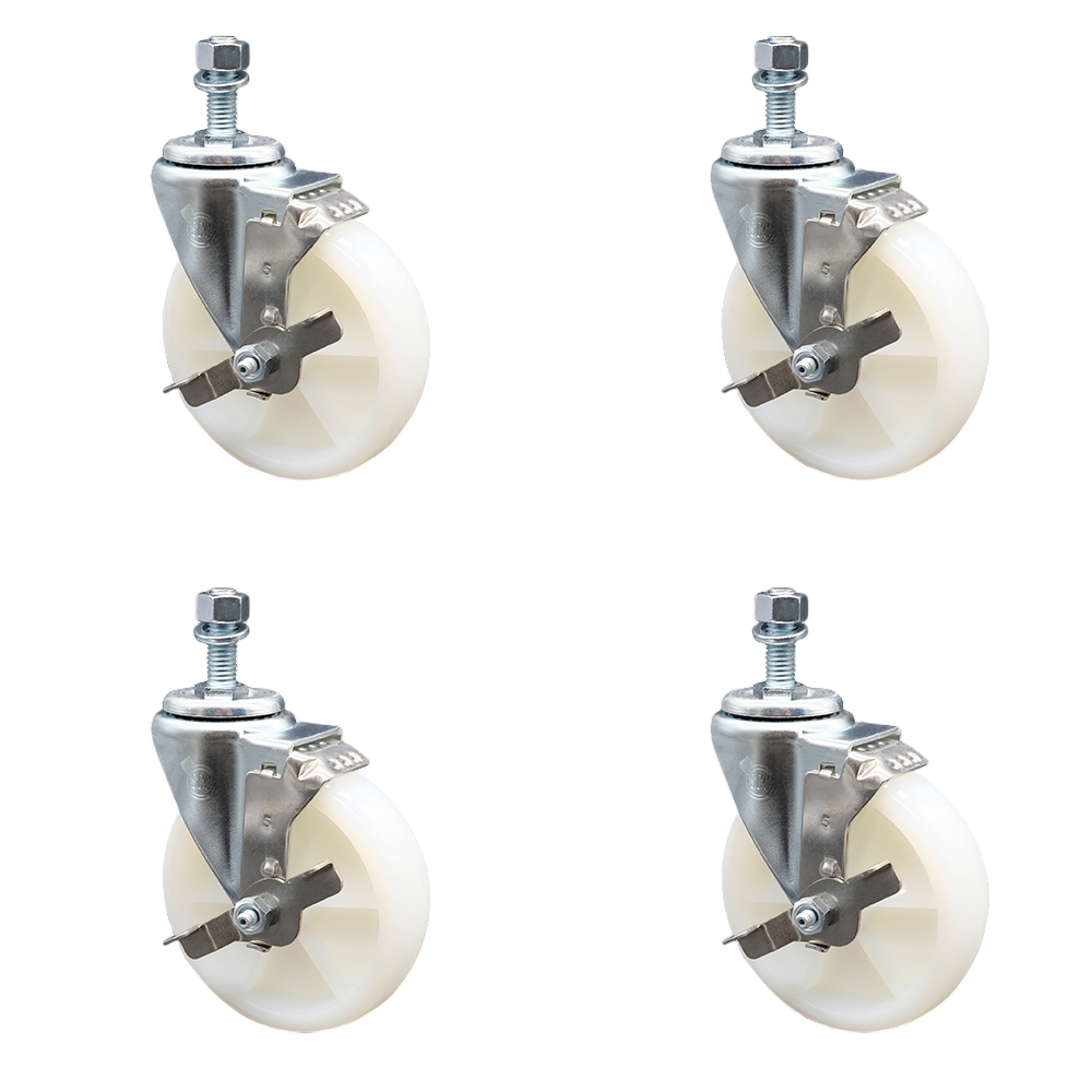 Nylon Swivel Threaded Stem Caster Set of 4 w/5" x 1.25" White Wheels and 3/8" Stems - Includes 4 with Top Lock Brakes - 1200 lbs Total Capacity - Service Caster Brand — photo 1