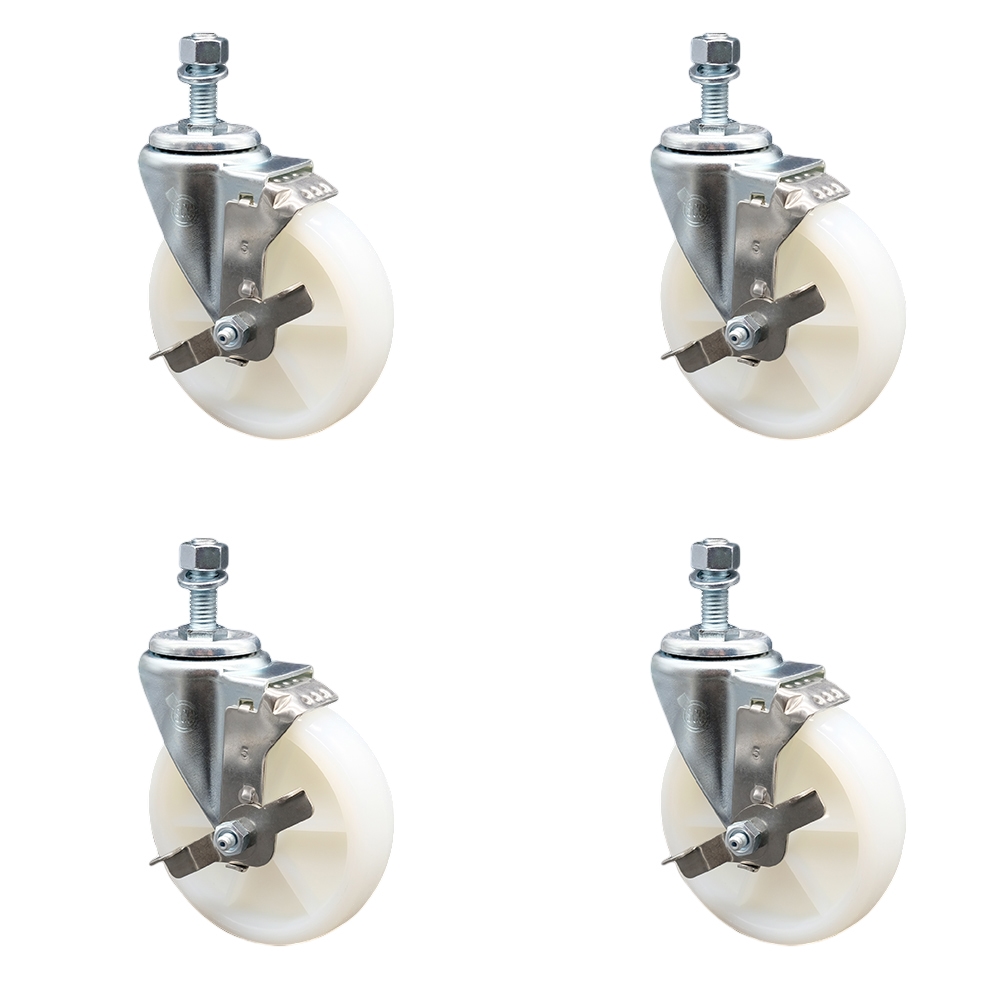 Nylon Swivel Threaded Stem Caster Set of 4 w/5" x 1.25" White Wheels and 12mm Stems - Includes 4 with Top Lock Brakes - 1200 lbs Total Capacity - Service Caster Brand — photo 1