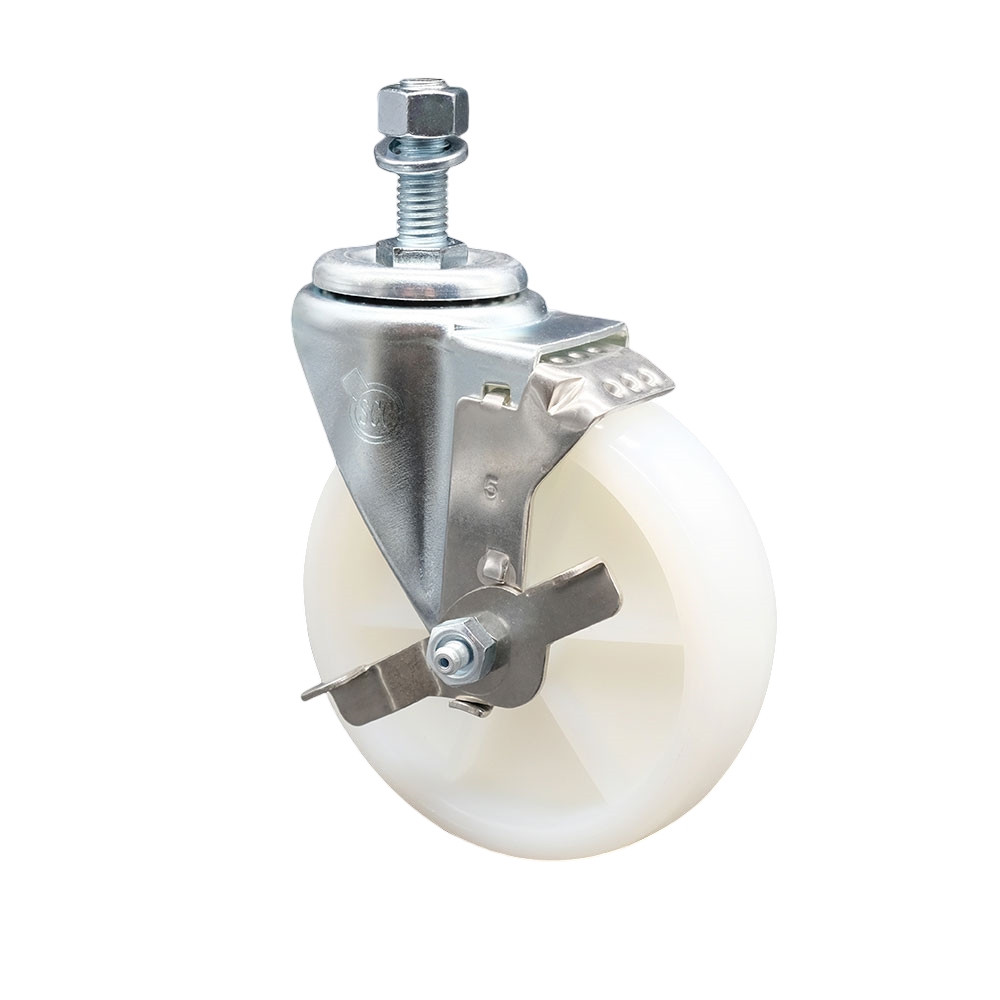 Nylon Swivel Threaded Stem Caster w/5" x 1.25" White Wheel and 12MM Metric Stem & Top Locking Brake - 300 lbs Capacity/Caster - Service Caster Brand — photo 1