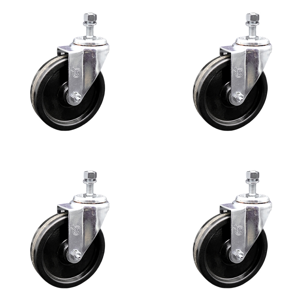 Phenolic Swivel Threaded Stem Caster w/Roller Bearing Set of 4 w/5" x 1.25" Black Wheels and 1/2" Stems - Includes 4 Swivel - 1200 lbs Total Capacity - Service Caster Brand — photo 1