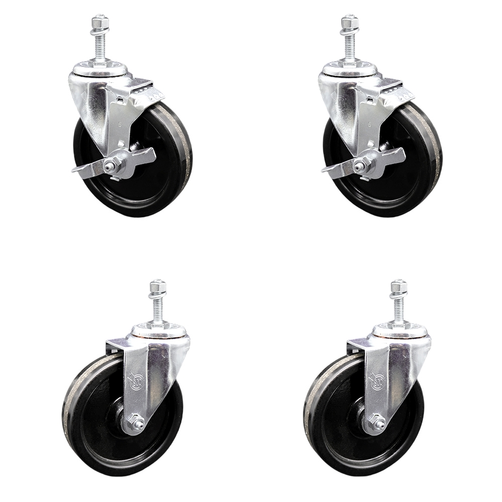 Phenolic Swivel Threaded Stem Caster Set of 4 w/Roller Bearing - 5" x 1.25" Black Wheels and 3/8" Stems - Includes 2 with Top Locking Brake - 1200 lbs Total Capacity - Service Caster Brand — photo 1