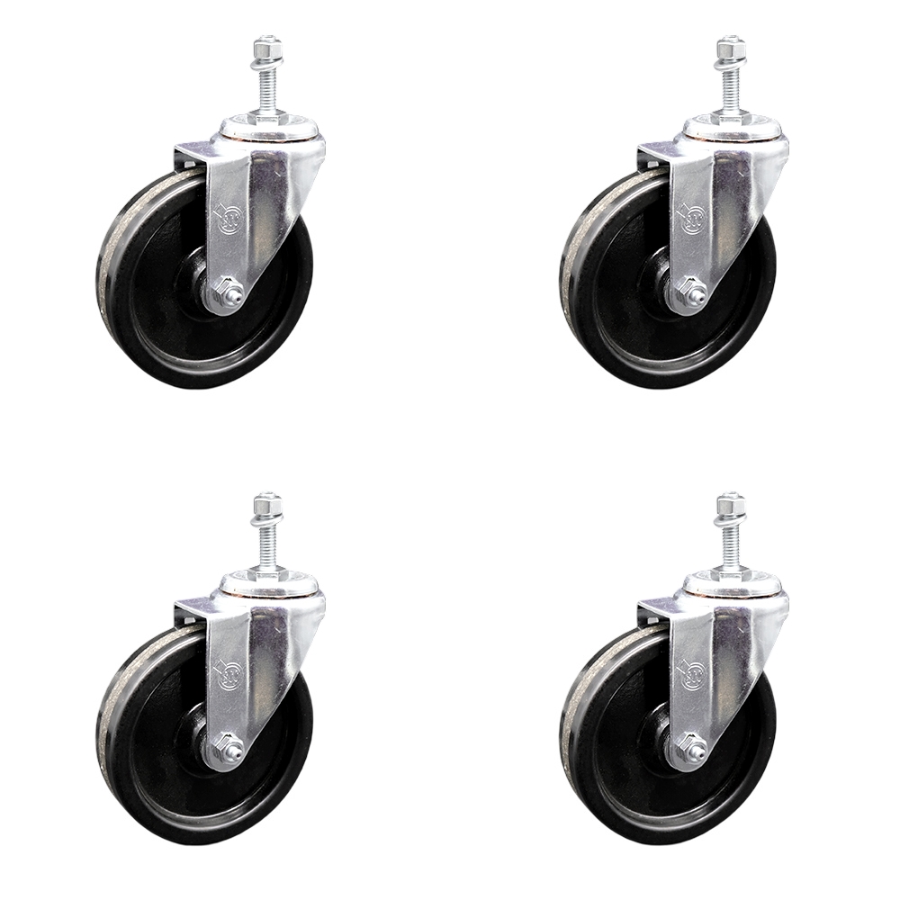Phenolic Swivel Threaded Stem Caster w/Roller Bearing Set of 4 w/5" x 1.25" Black Wheels and 3/8" Stems - Includes 4 Swivel - 1200 lbs Total Capacity - Service Caster Brand — photo 1