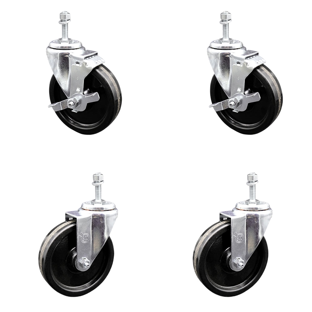Phenolic Swivel Threaded Stem Caster Set of 4 w/Roller Bearing - 5" x 1.25" Black Wheels and 10MM Metric Stems - Includes 2 with Top Locking Brake - 1200 lbs Total Capacity - Service Caster Brand — photo 1