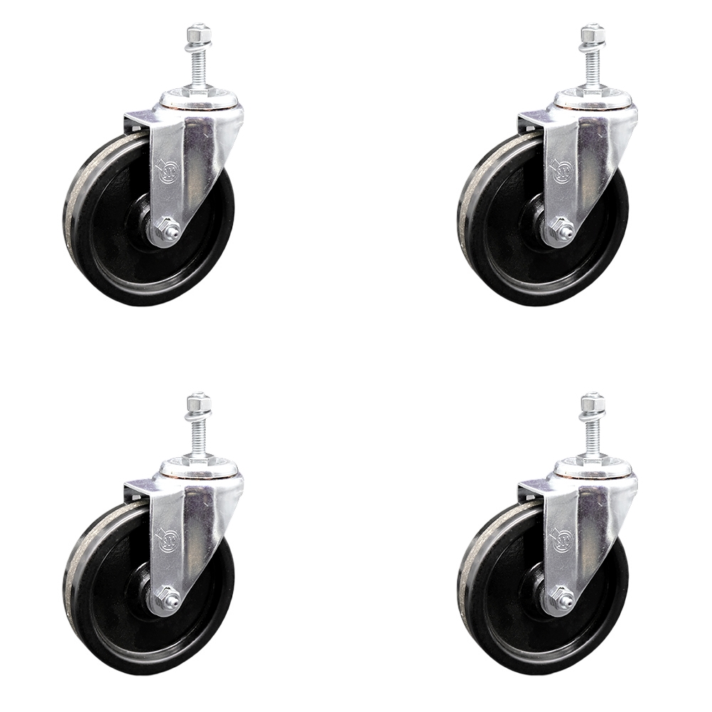 Phenolic Swivel Threaded Stem Caster w/Roller Bearing Set of 4 w/5" x 1.25" Black Wheels and 10mm Stems - Includes 4 Swivel - 1200 lbs Total Capacity - Service Caster Brand — photo 1
