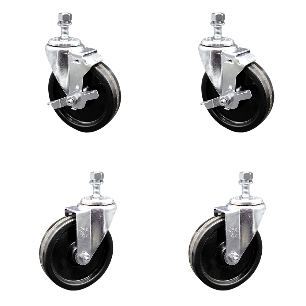 Phenolic Swivel Threaded Stem Caster Set of 4 w/Roller Bearing - 5" x 1.25" Black Wheels and 12MM Metric Stems - Includes 2 with Top Locking Brake - 1200 lbs Total Capacity - Service Caster Brand — photo 1