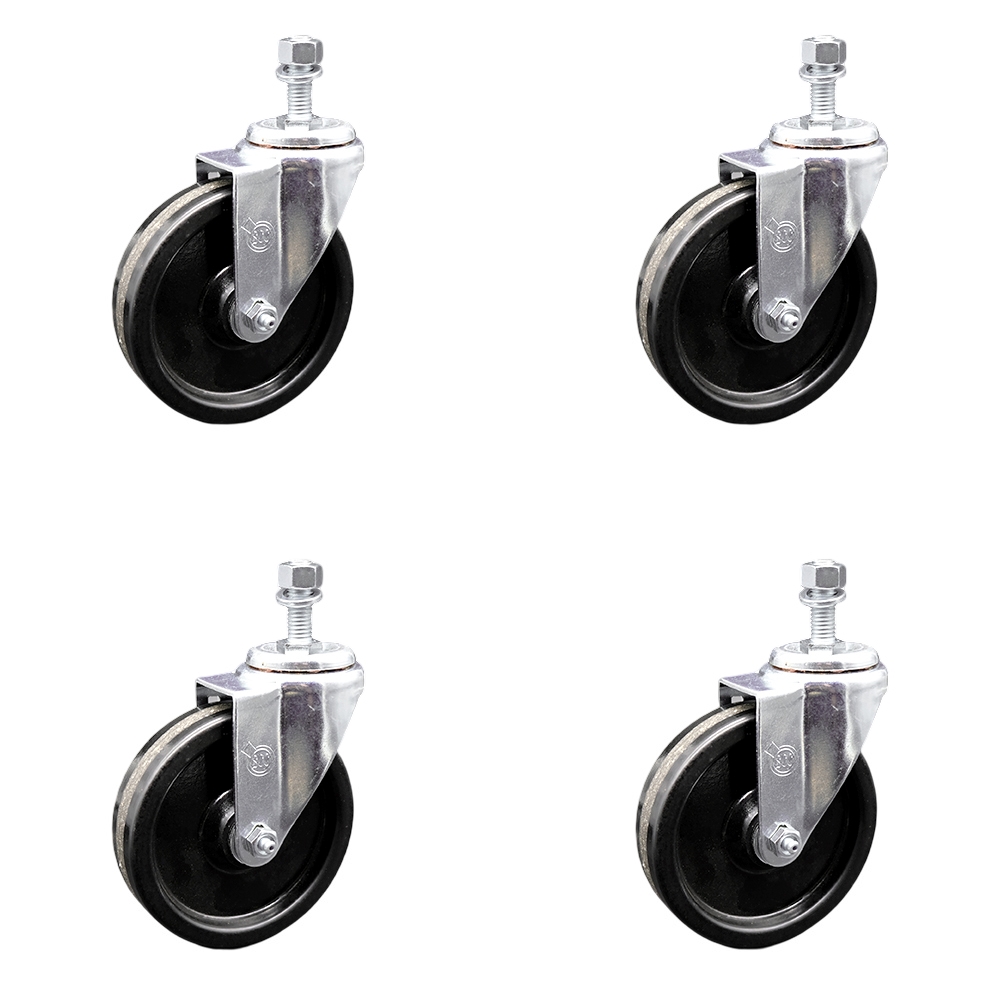 Phenolic Swivel Threaded Stem Caster w/Roller Bearing Set of 4 w/5" x 1.25" Black Wheels and 12mm Stems - Includes 4 Swivel - 1200 lbs Total Capacity - Service Caster Brand — photo 1