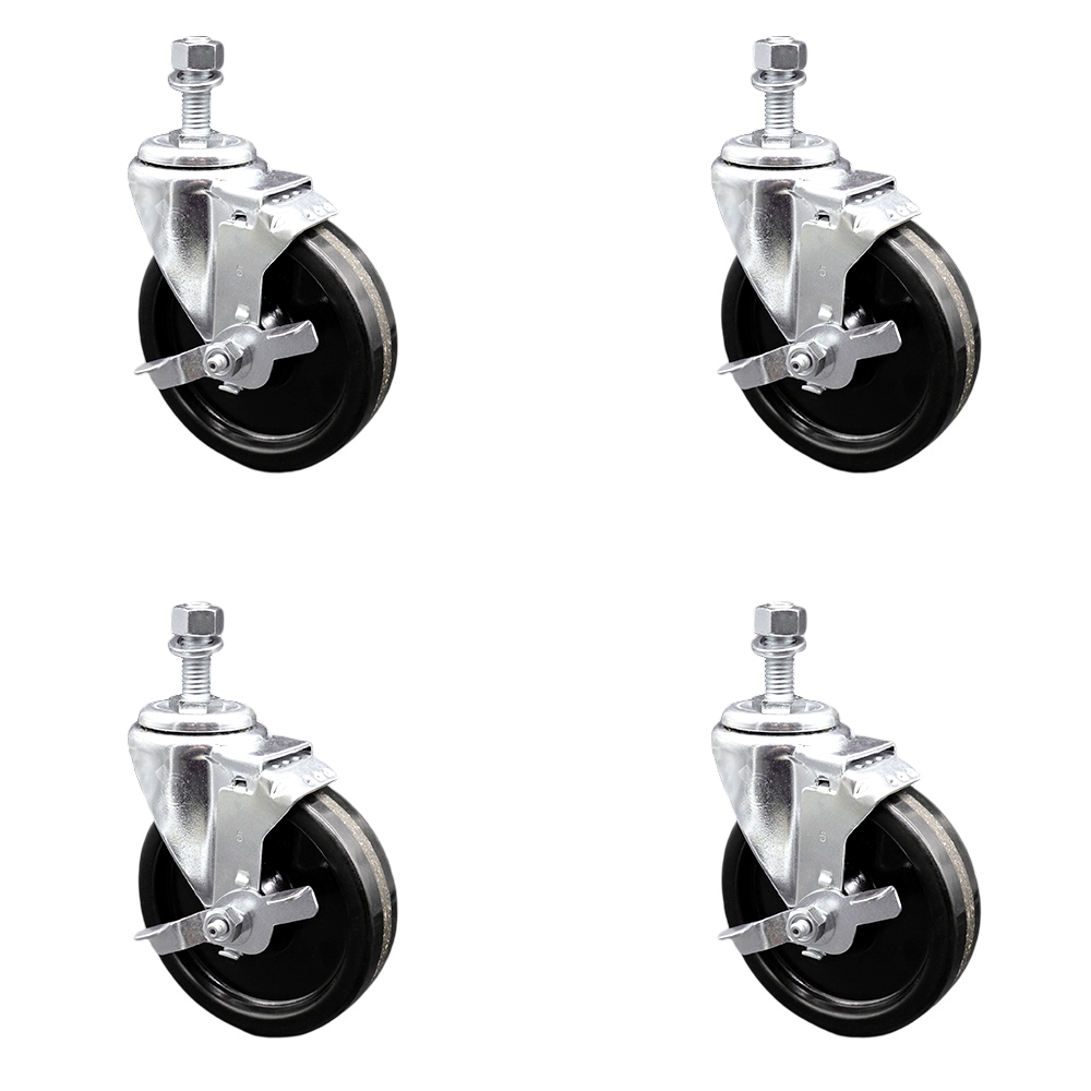 Phenolic Swivel Threaded Stem Caster w/Roller Bearing Set of 4 w/5" x 1.25" Black Wheels and 1/2" Stems - Includes 4 with Top Lock Brakes - 1200 lbs Total Capacity - Service Caster Brand — photo 1