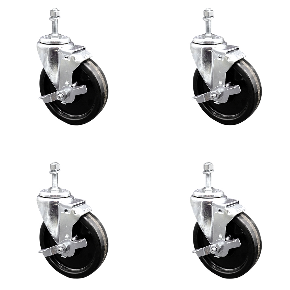 Phenolic Swivel Threaded Stem Caster w/Roller Bearing Set of 4 w/5" x 1.25" Black Wheels and 3/8" Stems - Includes 4 with Top Lock Brakes - 1200 lbs Total Capacity - Service Caster Brand — photo 1