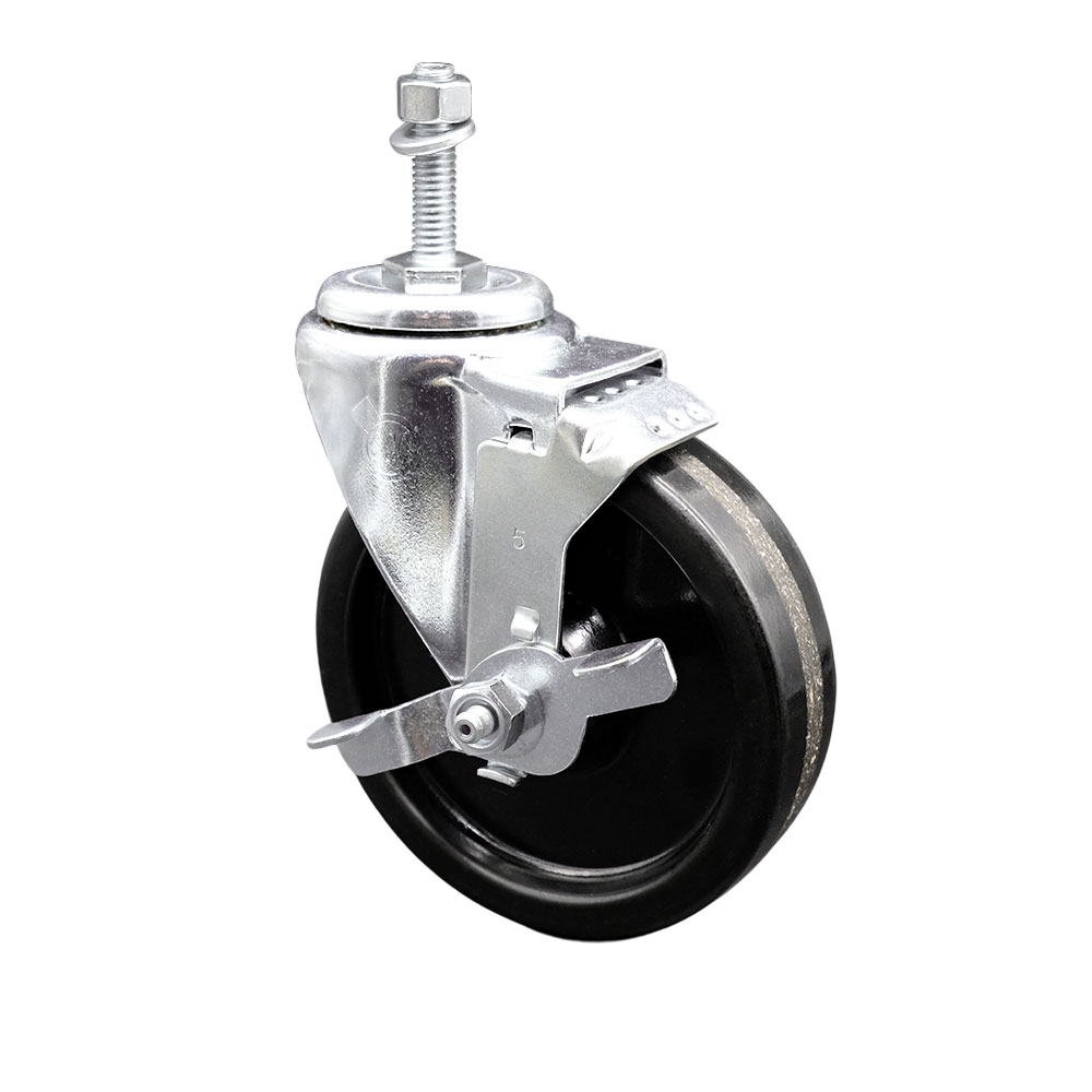 Phenolic Swivel Threaded Stem Caster w/Roller Bearing - 5" x 1.25" Black Wheel and 3/8" Stem & Top Locking Brake - 300 lbs Capacity/Caster - Service Caster Brand — photo 1