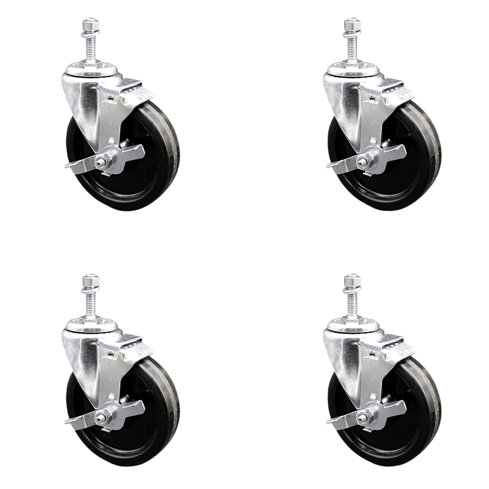 Phenolic Swivel Threaded Stem Caster w/Roller Bearing Set of 4 w/5" x 1.25" Black Wheels and 10mm Stems - Includes 4 with Top Lock Brakes - 1200 lbs Total Capacity - Service Caster Brand — photo 1