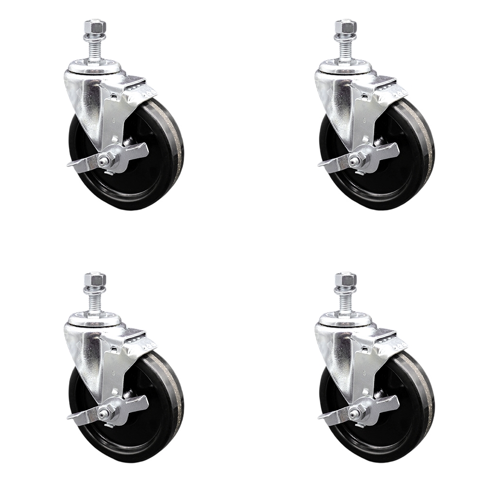 Phenolic Swivel Threaded Stem Caster w/Roller Bearing Set of 4 w/5" x 1.25" Black Wheels and 12mm Stems - Includes 4 with Top Lock Brakes - 1200 lbs Total Capacity - Service Caster Brand — photo 1