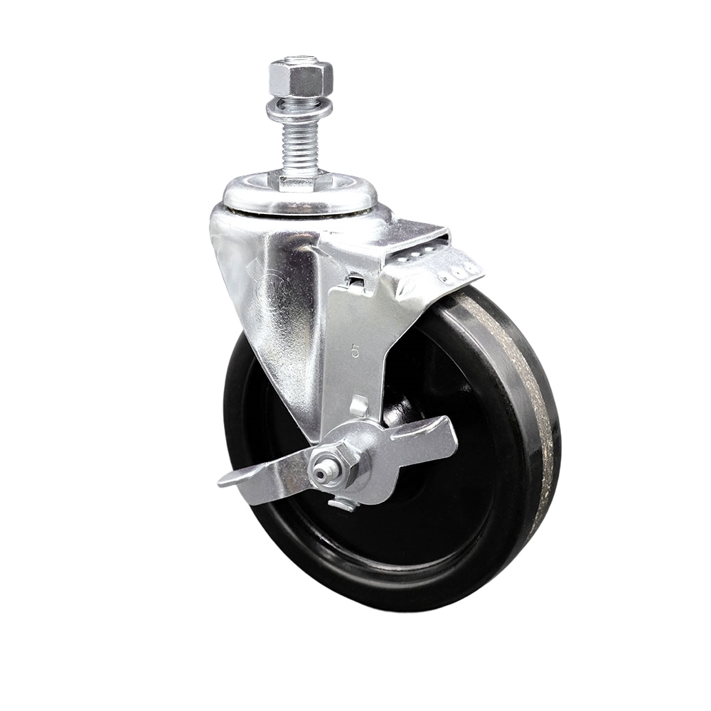 Phenolic Swivel Threaded Stem Caster w/Roller Bearing - 5" x 1.25" Black Wheel and 12MM Metric Stem & Top Locking Brake - 300 lbs Capacity/Caster - Service Caster Brand — photo 1