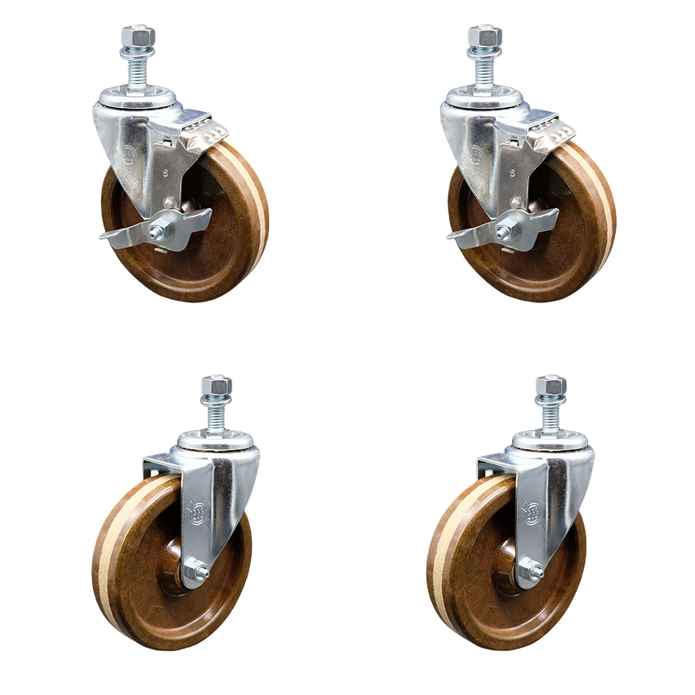 High Temperature Phenolic Swivel Threaded Stem Caster Set 4 w/Roller Bearing - 5" x 1.25" Brown Wheels and 1/2" Stems - Includes 2 with Top Locking Brake - 1200 lbs Total Capacity-Service Caster Brand — photo 1