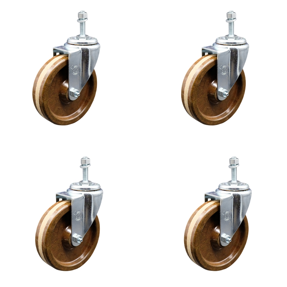 High Temperature Phenolic Swivel Threaded Stem Caster Set of 4 w/5" x 1.25" Brown Wheels and 3/8" Stems - Includes 4 Swivel - 1200 lbs Total Capacity - Service Caster Brand — photo 1