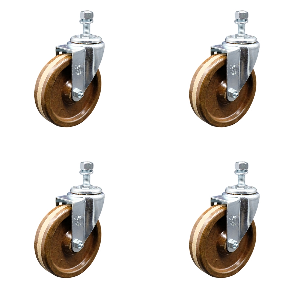 High Temperature Phenolic Swivel Threaded Stem Caster Set of 4 w/5" x 1.25" Brown Wheels and 10mm Stems - Includes 4 Swivel - 1200 lbs Total Capacity - Service Caster Brand — photo 1