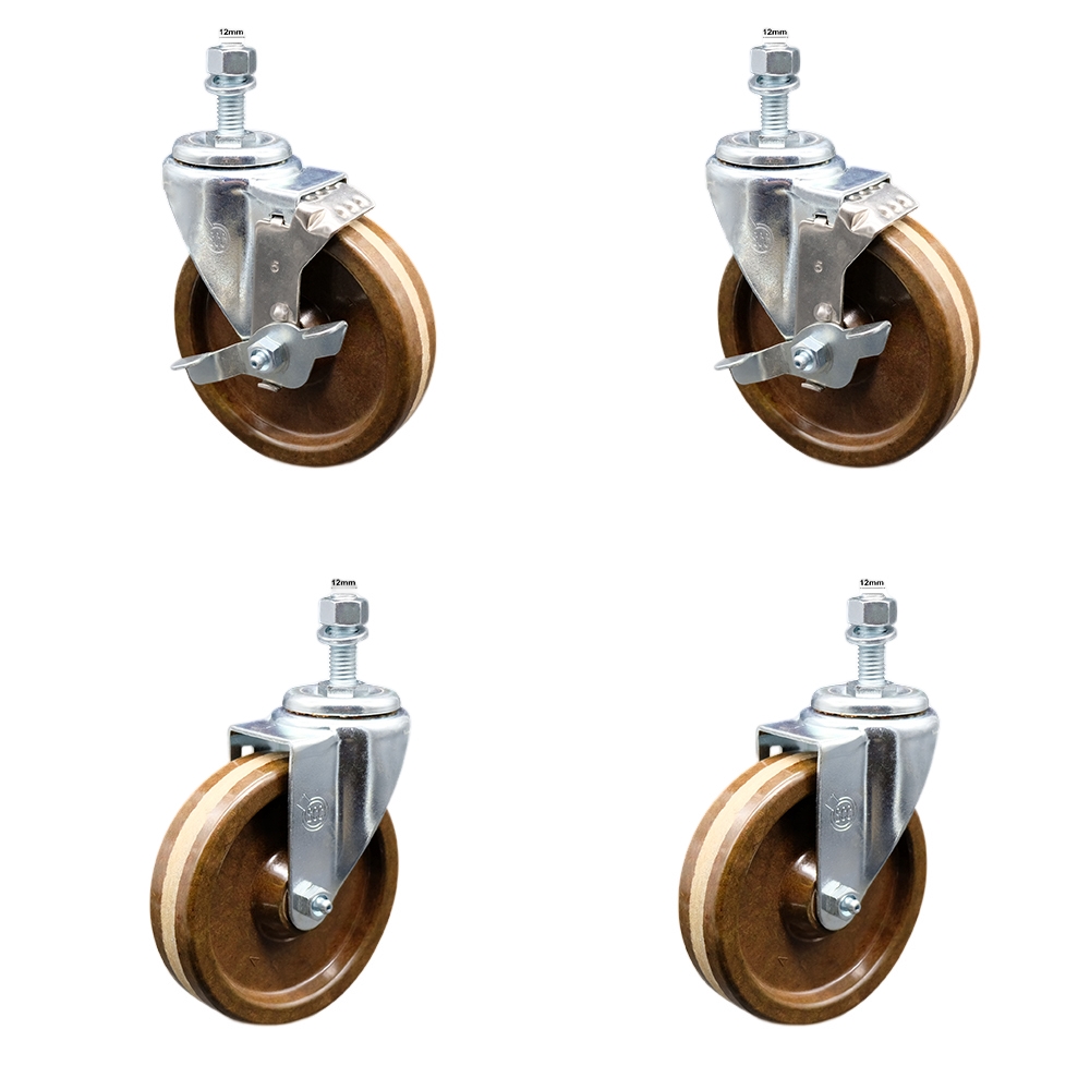 High Temperature Phenolic Swivel Threaded Stem Caster Set 4 w/Roller Bearing - 5" x 1.25" Brown Wheels & 12MM Metric Stems-Includes 2 with Top Locking Brake-1200lbs Total Capacity-Service Caster Brand — photo 1