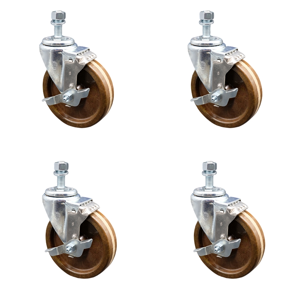 High Temperature Phenolic Swivel Threaded Stem Caster Set of 4 w/5" x 1.25" Brown Wheels and 1/2" Stems - Includes 4 with Top Lock Brakes - 1200 lbs Total Capacity - Service Caster Brand — photo 1