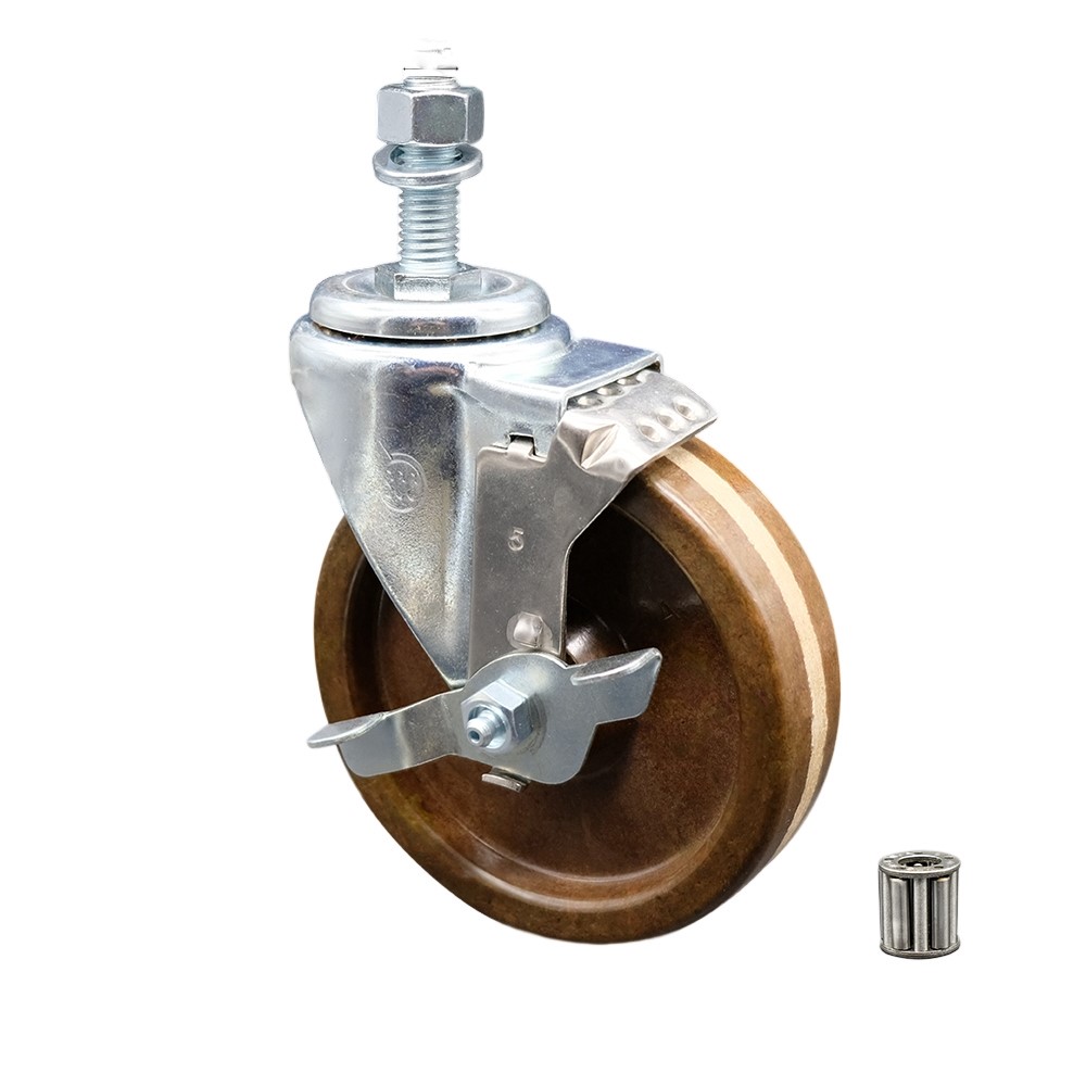 High Temperature Phenolic Swivel Threaded Stem Caster w/Roller Bearing - 5" x 1.25" Brown Wheel and 1/2" Stem & Top Locking Brake - 300 lbs Capacity/Caster - Service Caster Brand — photo 1
