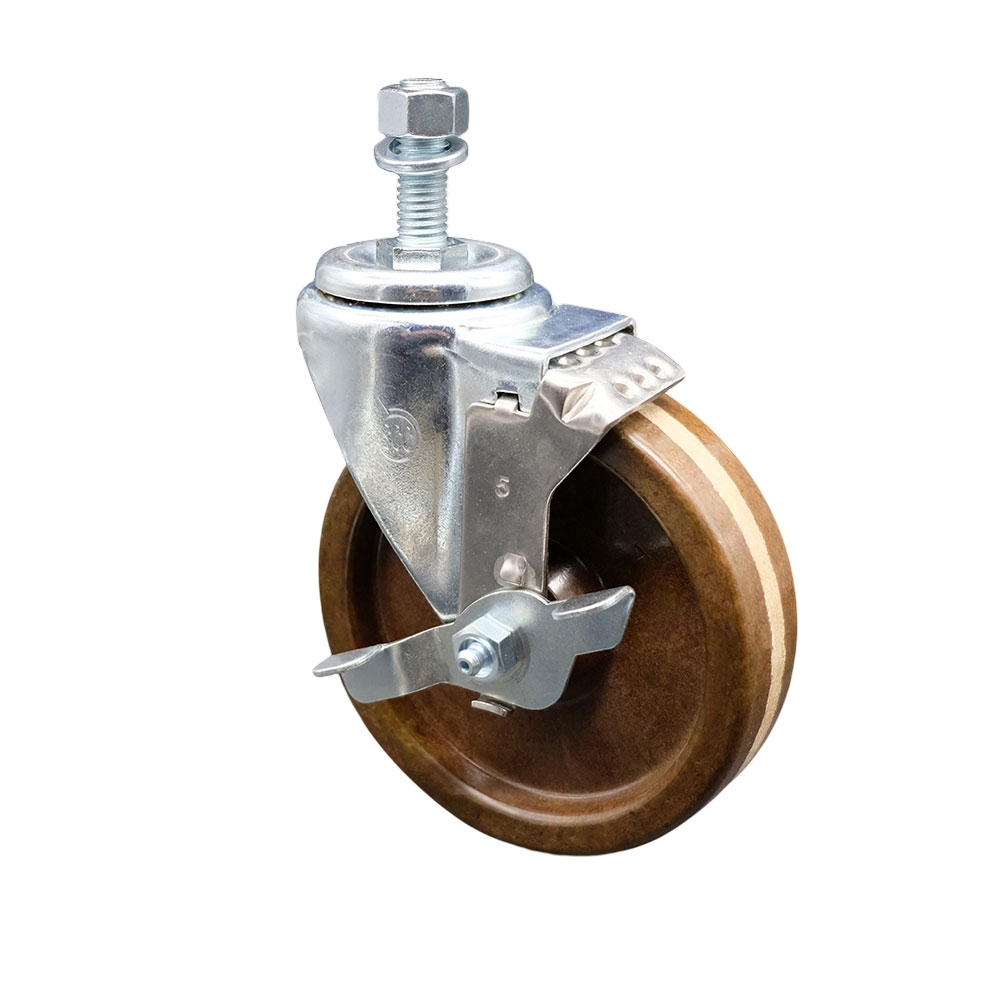 High Temperature Phenolic Swivel Threaded Stem Caster w/Roller Bearing - 5" x 1.25" Brown Wheel and 12MM Metric Stem & Top Locking Brake - 300 lbs Capacity/Caster - Service Caster Brand — photo 1