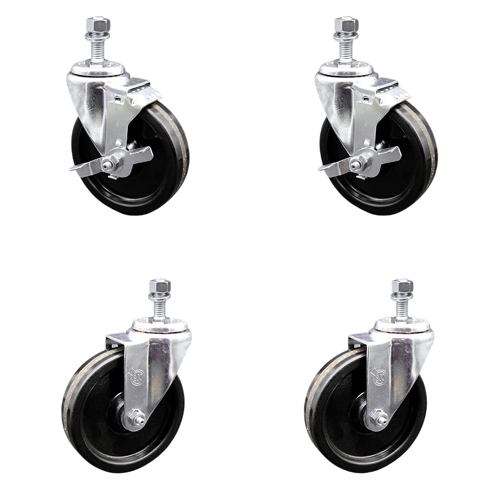 Phenolic Swivel Threaded Stem Caster Set of 4 w/5" x 1.25" Black Wheels and 1/2" Stems - Includes 2 with Top Locking Brake - 1200 lbs Total Capacity - Service Caster Brand — photo 1