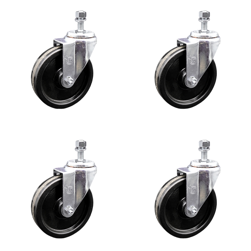 Phenolic Swivel Threaded Stem Caster Set of 4 w/5" x 1.25" Black Wheels and 1/2" Stems - Includes 4 Swivel - 1200 lbs Total Capacity - Service Caster Brand — photo 1