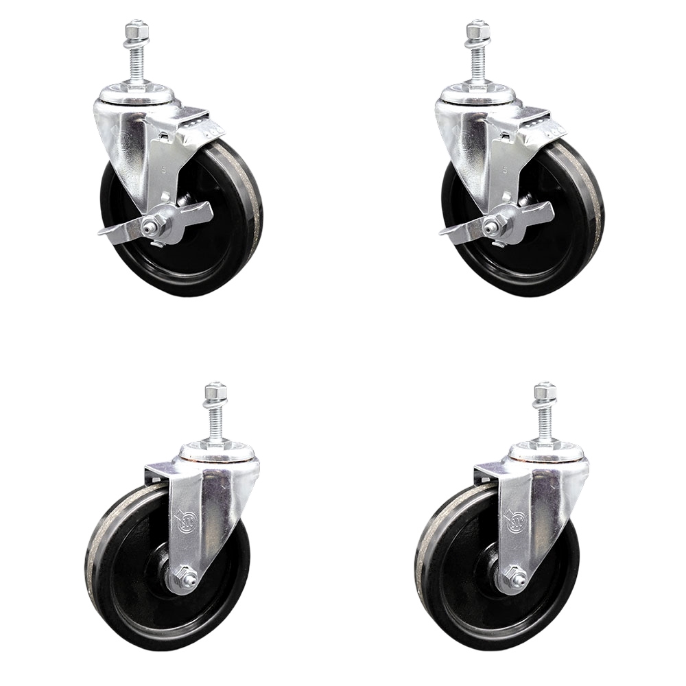 Phenolic Swivel Threaded Stem Caster Set of 4 w/5" x 1.25" Black Wheels and 3/8" Stems - Includes 2 with Top Locking Brake - 1200 lbs Total Capacity - Service Caster Brand — photo 1