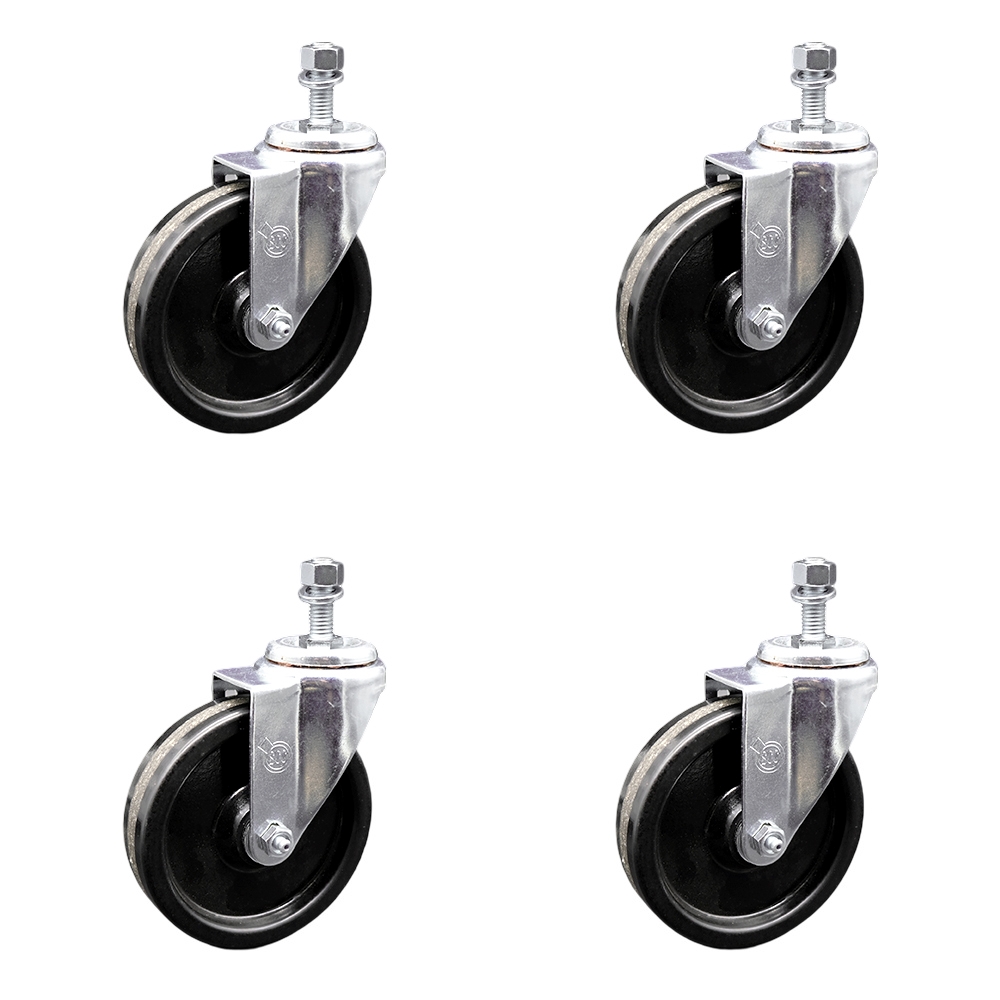 Phenolic Swivel Threaded Stem Caster Set of 4 w/5" x 1.25" Black Wheels and 3/8" Stems - Includes 4 Swivel - 1200 lbs Total Capacity - Service Caster Brand — photo 1