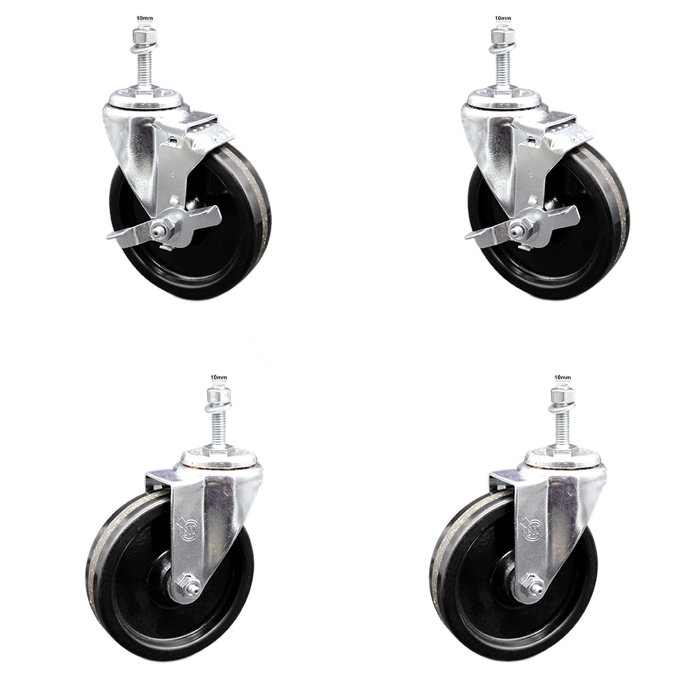 Phenolic Swivel Threaded Stem Caster Set of 4 w/5" x 1.25" Black Wheels and 10MM Metric Stems - Includes 2 with Top Locking Brake - 1200 lbs Total Capacity - Service Caster Brand — photo 1