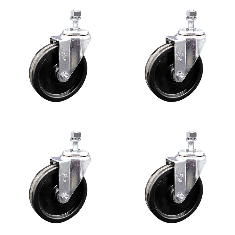 Phenolic Swivel Threaded Stem Caster Set of 4 w/5" x 1.25" Black Wheels and 10mm Stems - Includes 4 Swivel - 1200 lbs Total Capacity - Service Caster Brand — photo 1