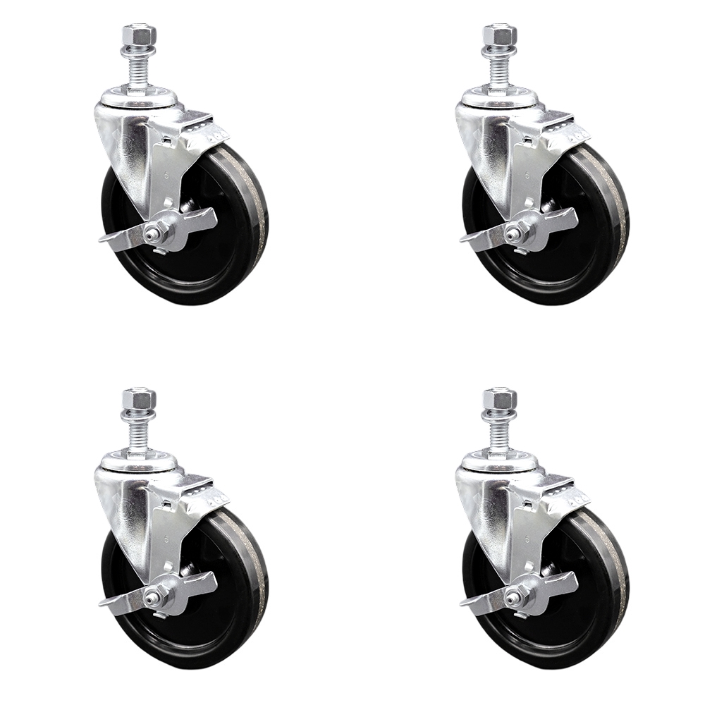 Phenolic Swivel Threaded Stem Caster Set of 4 w/5" x 1.25" Black Wheels and 3/8" Stems - Includes 4 with Top Lock Brakes - 1200 lbs Total Capacity - Service Caster Brand — photo 1