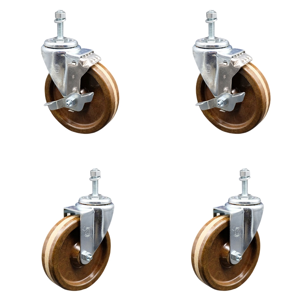 High Temperature Phenolic Swivel Threaded Stem Caster Set of 4 - 5" x 1.25" Brown Wheels and 3/8" Stems - Includes 2 with Top Locking Brake - 1200 lbs Total Capacity - Service Caster Brand — photo 1