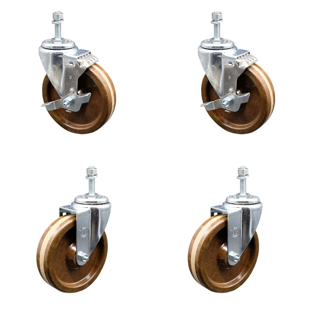 High Temperature Phenolic Swivel Threaded Stem Caster Set of 4 - 5" x 1.25" Brown Wheels and 10MM Metric Stems - Includes 2 with Top Locking Brake - 1200 lbs Total Capacity - Service Caster Brand — photo 1