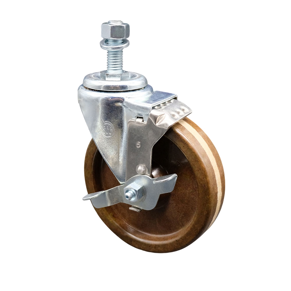 High Temperature Phenolic Swivel Threaded Stem Caster - 5" x 1.25" Brown Wheel and 1/2" Stem & Top Locking Brake - 300 lbs Capacity/Caster - Service Caster Brand — photo 1