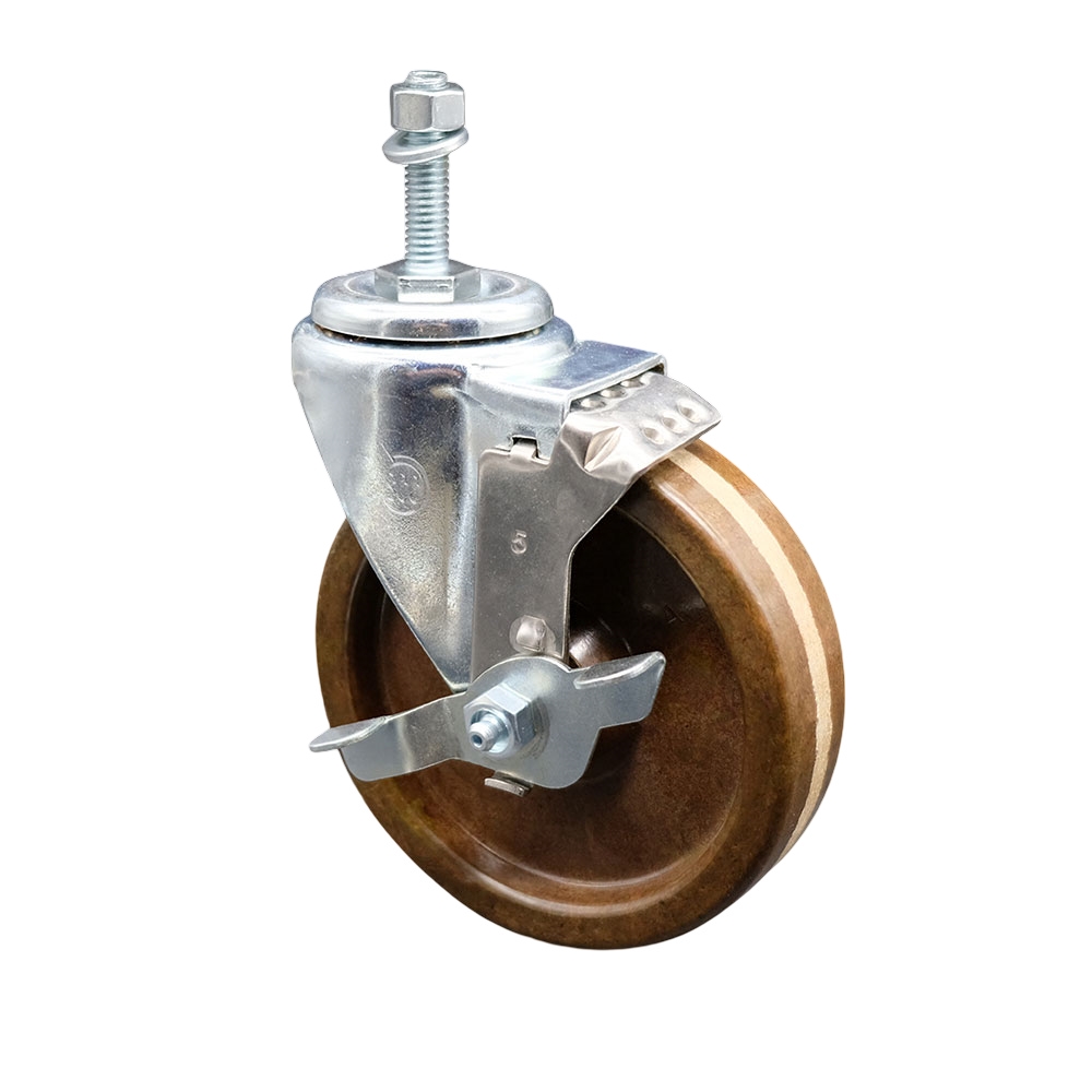 High Temperature Phenolic Swivel Threaded Stem Caster - 5" x 1.25" Brown Wheel and 3/8" Stem & Top Locking Brake - 300 lbs Capacity/Caster - Service Caster Brand — photo 1