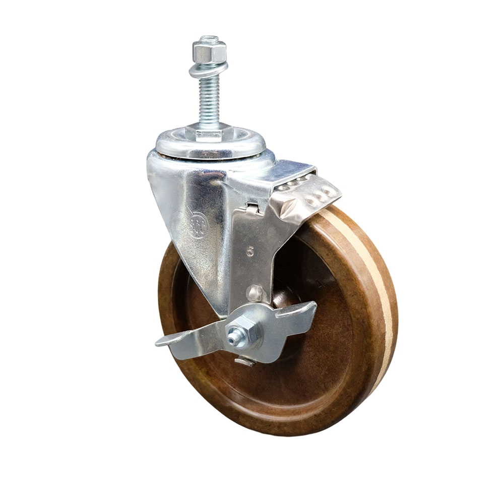 High Temperature Phenolic Swivel Threaded Stem Caster - 5" x 1.25" Brown Wheel and 10MM Metric Stem & Top Locking Brake - 300 lbs Capacity/Caster - Service Caster Brand — photo 1