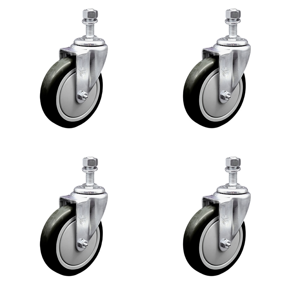 Polyurethane Swivel Threaded Stem Caster Set of 4 w/5" x 1.25" Black Wheels and 1/2" Stems - Includes 4 Swivel - 1400 lbs Total Capacity - Service Caster Brand — photo 1