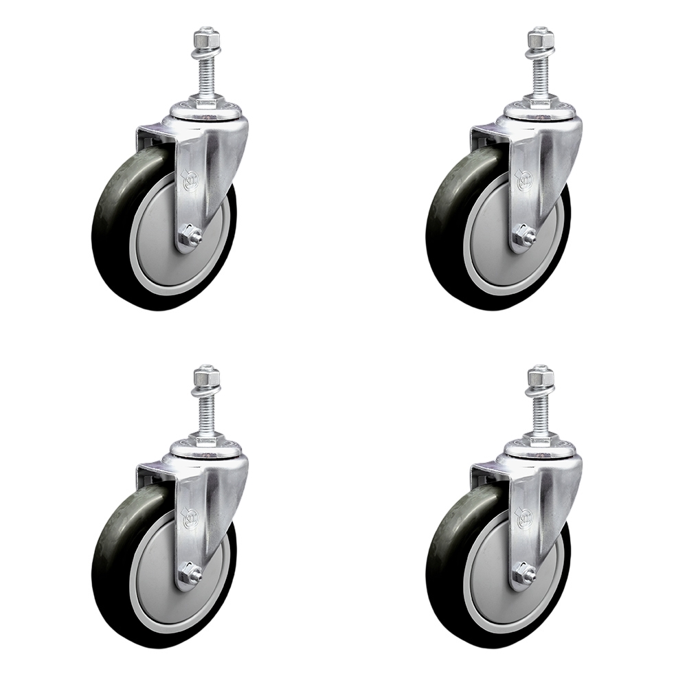 Polyurethane Swivel Threaded Stem Caster Set of 4 w/5" x 1.25" Black Wheels and 3/8" Stems - Includes 4 Swivel - 1400 lbs Total Capacity - Service Caster Brand — photo 1